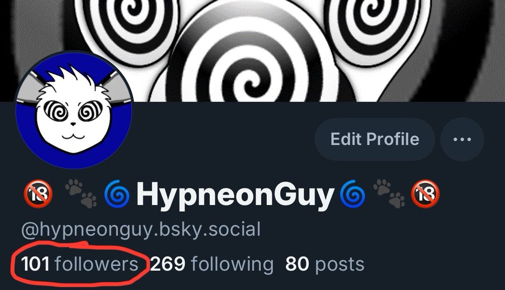 A screenshot showing my, i.e., HypneonGuy's, Bluesky profile header, showing that I'm following 269 people, have made 80 posts, and most importantly, have 101 followers (which I've circled in red) which means I've officially passed 100 followers 