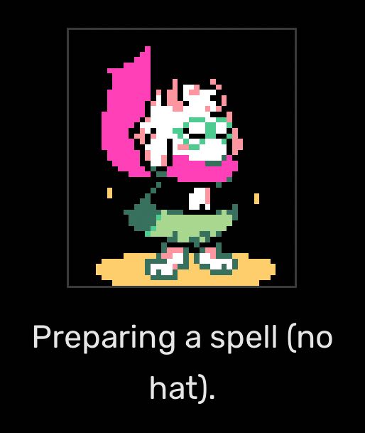 Ralsei with a yellow magic under him and a text that says "Preparing a spell (no hat)"