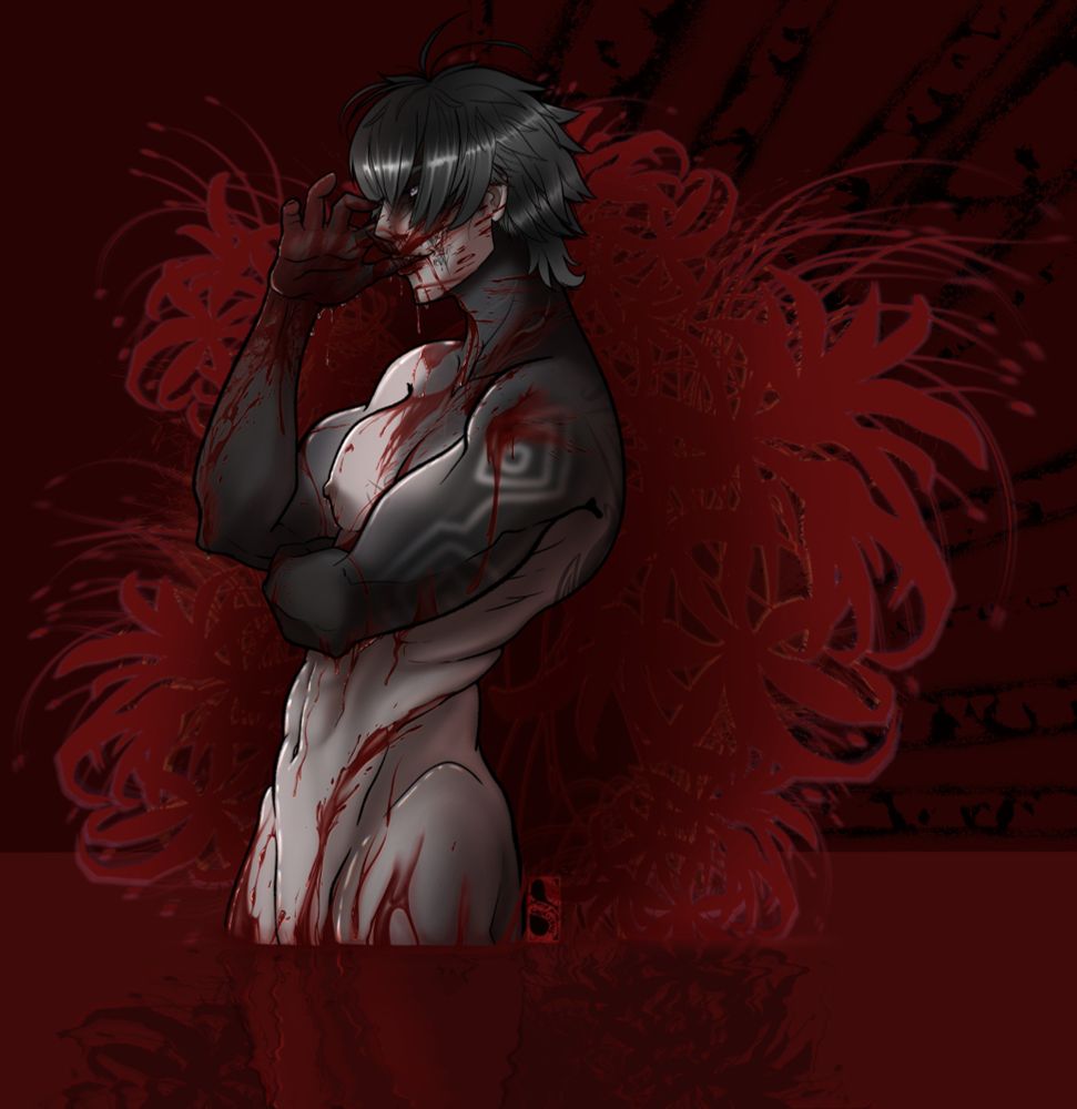 A nude fighter bathed in blood