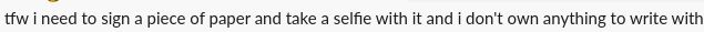 tfw i need to sign a piece of paper and take a selfie with it and i don't own anything to write with
