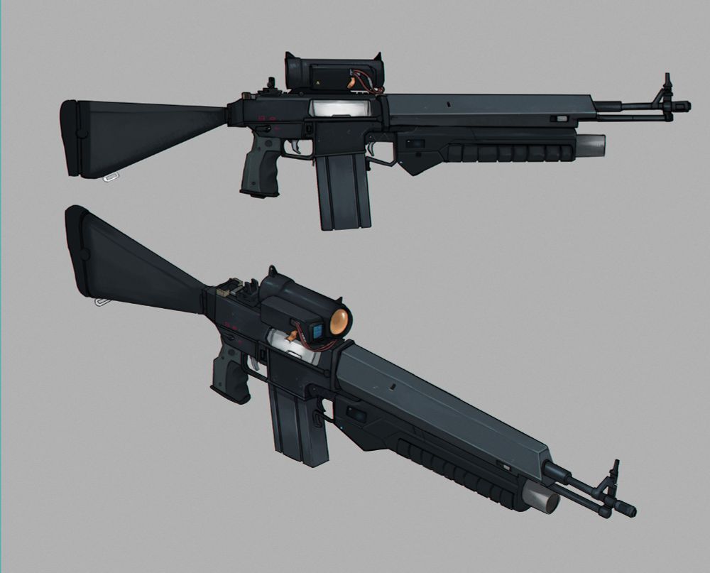A m16-ish looking sci-fi weapon with an AN-94 style barrel and underslung grenade launcher. Has a thermal optic. For those less familiar, a long gun with with a box magazine and boxy looking handguard around the barrel and gas system. Pistol style grip. 