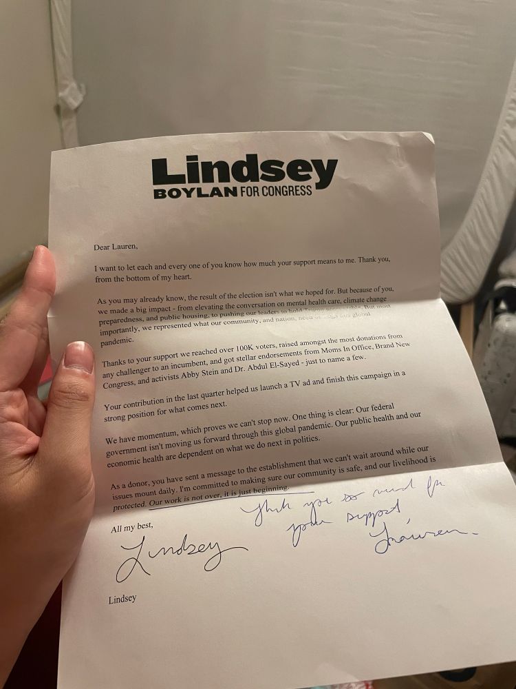 Lindsey Boylan for Congress, donor thank you letter 