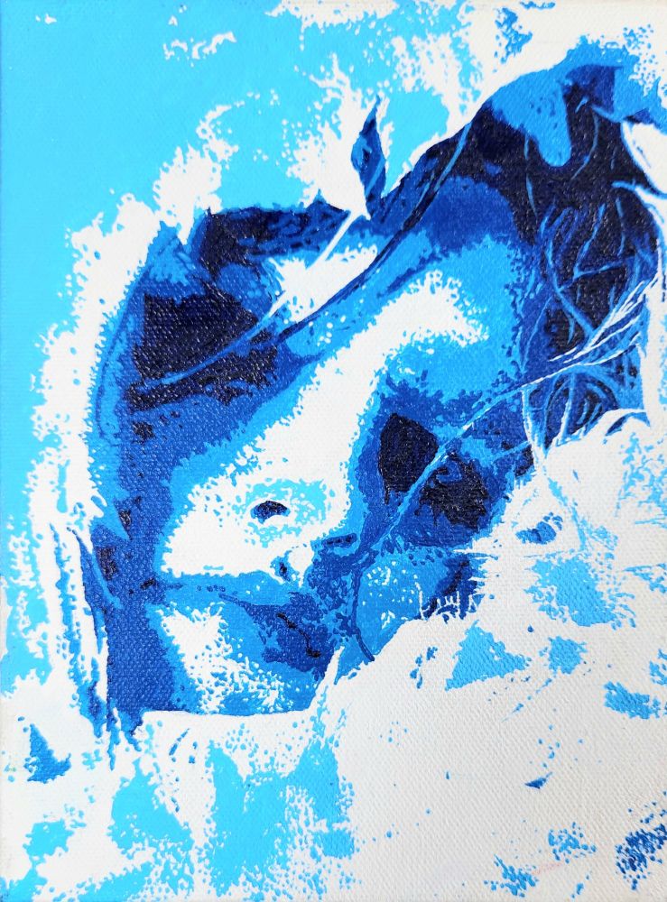 A young girl with her face surrounded by a feather-boa, dark makeup and high contrast and shadows make any detail in her eyes nearly invisible. Painted with a photo reference, that's been pixelated, but then meticulously recreated in acrylic, with colour separations in three blue shades, white and black. Full lips, unsmiling, she confronts the viewer, hair creeping across her face, perhaps a model mugging for a photo, or else a corpse seen through a crack in ice. 