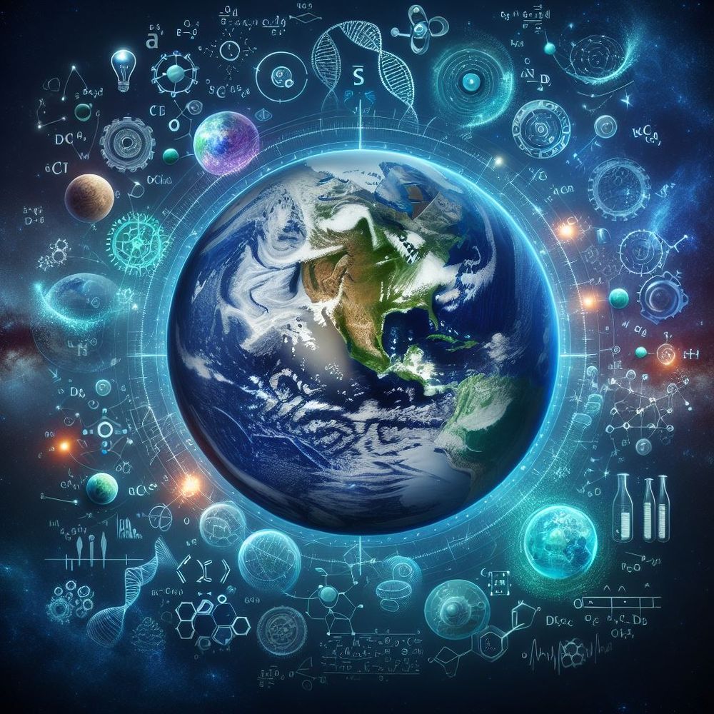 Earth surrounded by STEM symbols