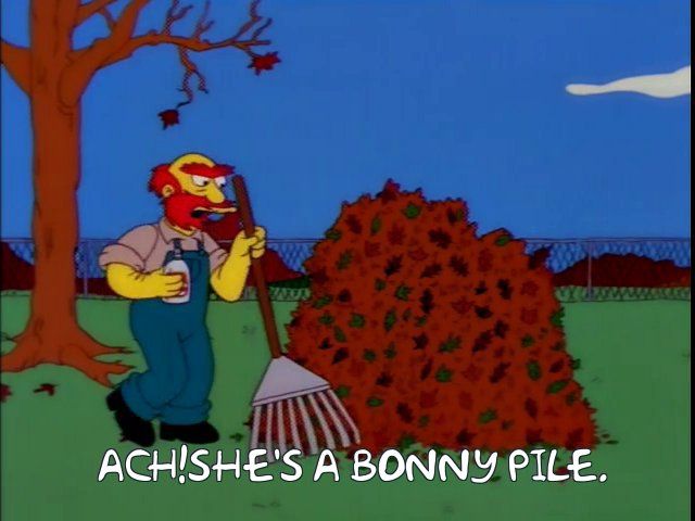 A still from The Simpsons depicts Groundskeeper Willie, a cartoon character with red hair, beard, and thick eyebrows, standing outdoors next to a large pile of raked autumn leaves. He is wearing a light-colored shirt, dark blue overalls, yellow gloves, and holding a rake in one hand and a white bottle in the other. A brown tree with a few red leaves stands to his left, and a blue sky with a hint of white cloud is in the background. The caption "ACH! SHE'S A BONNY PILE." appears in white text at the bottom of the image.