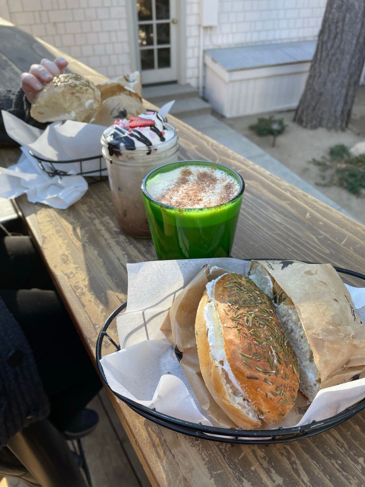 Yummy bagels and drinks in the cold and quiet of a nearby mountain town. 