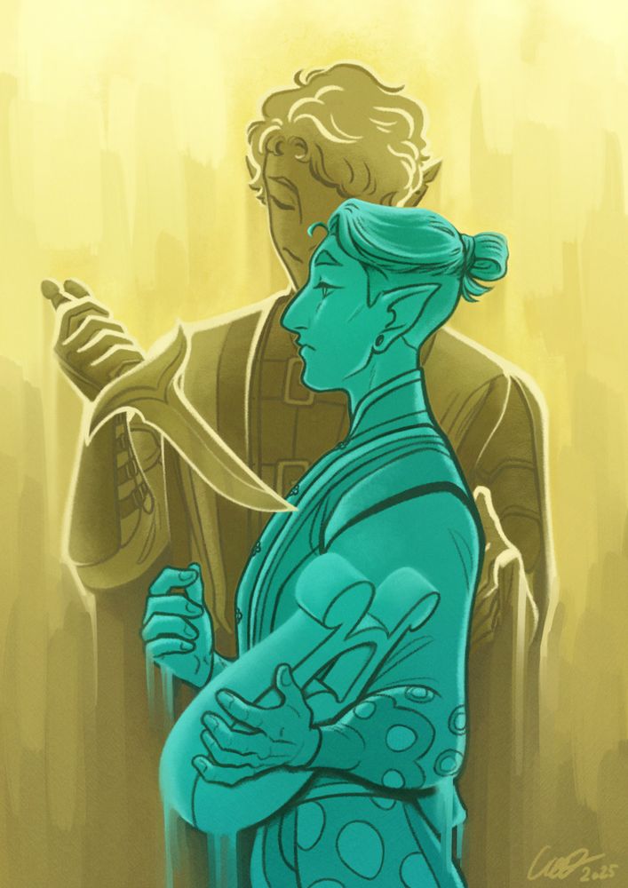 A yellow and blue drawing of my two elf characters, one half-elf and one drow. The half-elf is standing behind the drow, overshadowing him, a hand on his back and the other holding a knife to his chest while smiling. His eyes are closed. The drow is holding a lyre and looking forward with a melancholy expression.