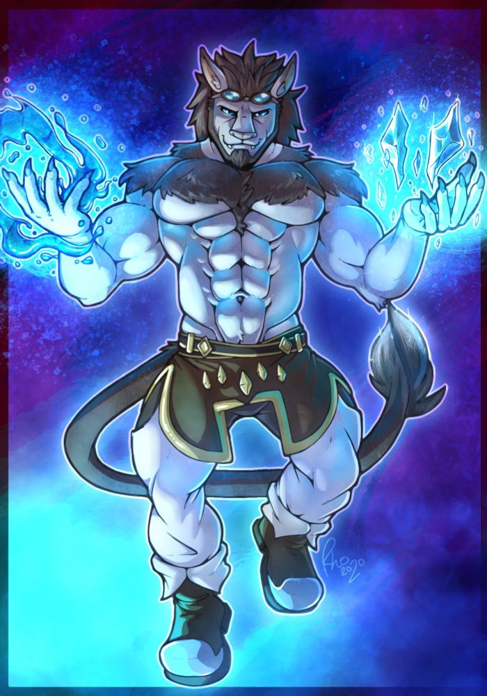 White hrothgar cat man floating while casting water and ice magic