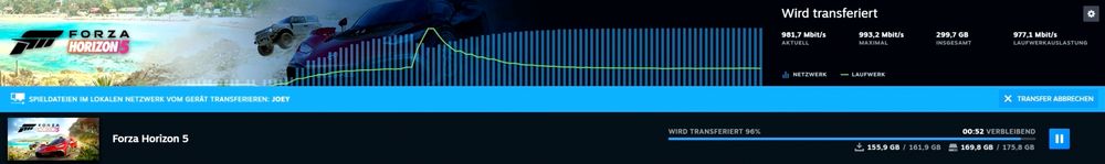 Screenshot des Downloads von Forza Horizon 5 in Steam. Der Download läuft als lokaler Transfer von einem anderen PC mit 981,7 Mbit/s.