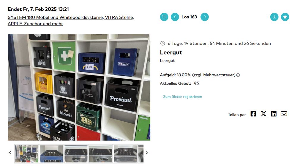 Screenshot eines Auktionsportals. Zu sehen ist ein Foto von einem IKEA-Kallax, das mit Getränkekästen gefüllt ist. Die Beschreibung: Leergut. Aktuelles Gebot: 5 Euro.