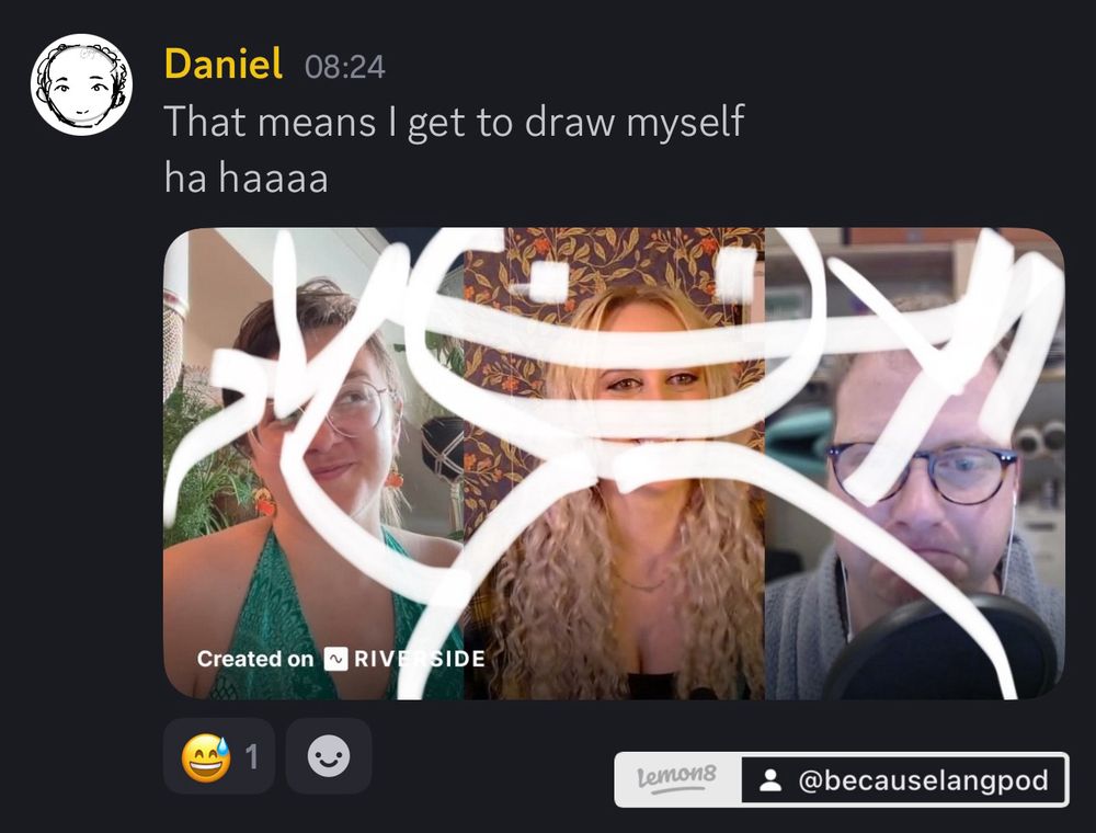 Daniel has drawn a crude likeness of himself in white highlighter over the top of the other three hosts.
Text: 
Daniel 
That means I get to draw myself
ha haaaa