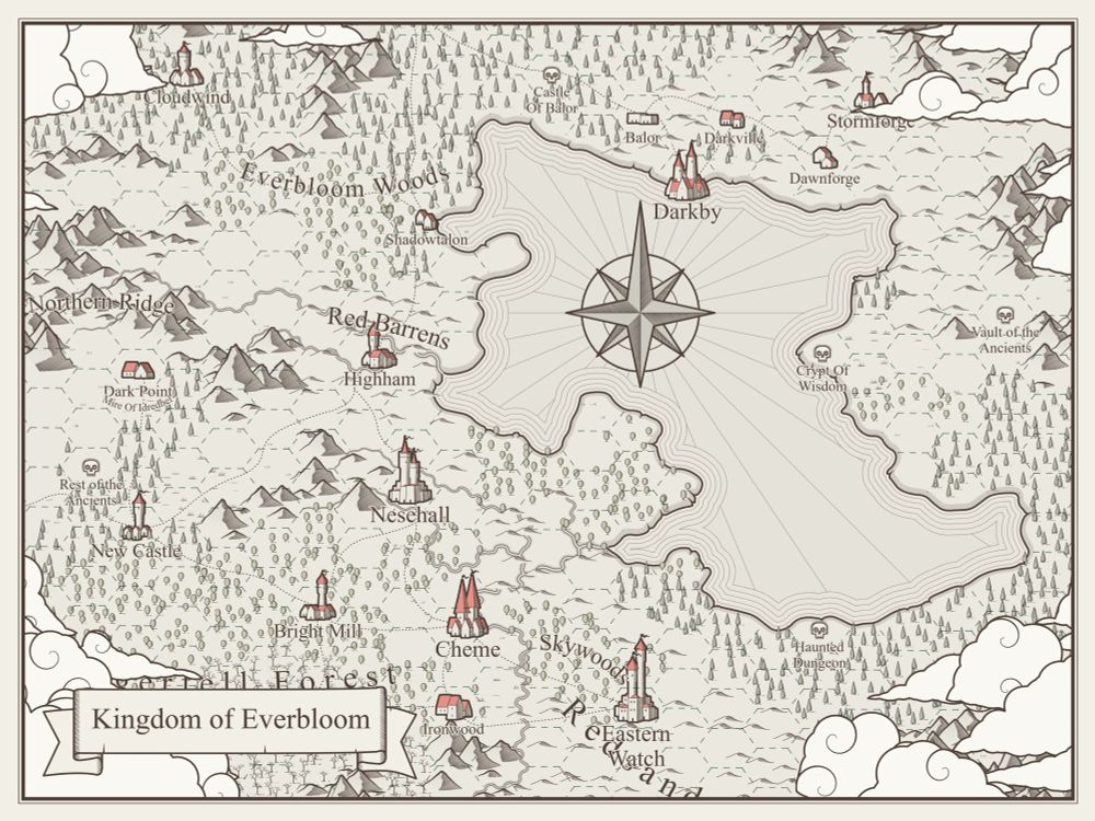 A randomly generated map in beige, black, and white colors. It has a label of 'Kingdom of Everbloom', with a large lake in the center with a compass rose, and several randomly generated cities, towns, and villages that are also randomly names. This is generated with watabou's procgen arcana.