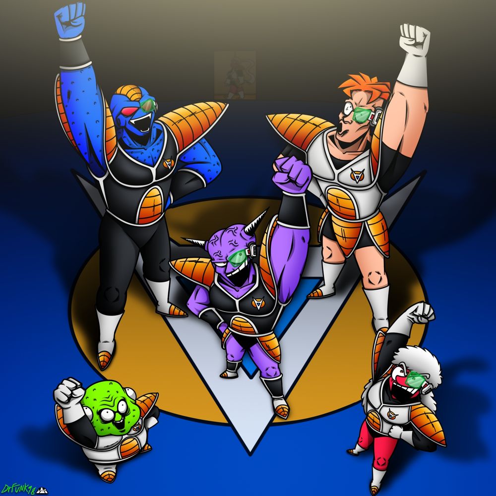 The Ginyu Force from Dragonball z lifting their fists in the air. In a celebratory pose, while they stand in a partially illuminated room with their logo. All the while Bonyu passes by.