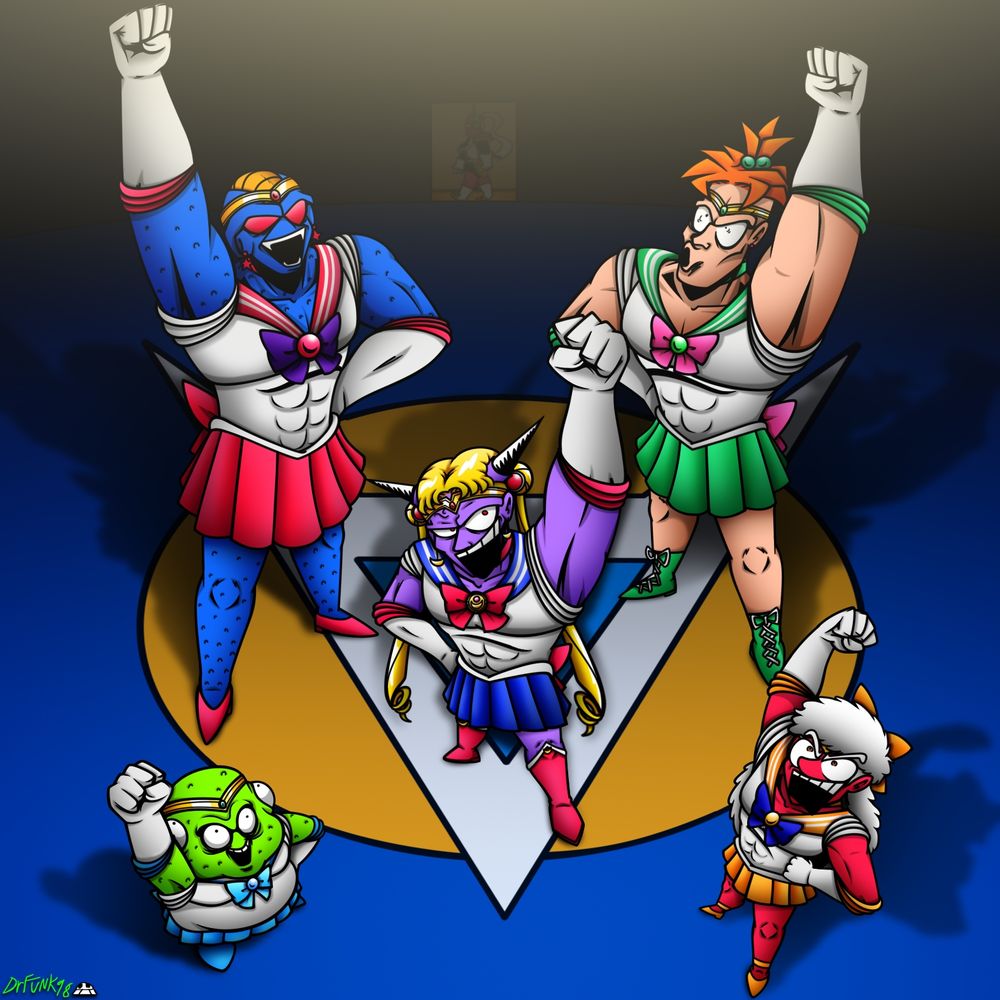 The Ginyu Force from Dragonball z, now dressed as the Sailor Moon cast. Lifting their fists in the air, in a celebratory pose. While they stand in a partially illuminated room with their logo. All the while Bonyu passes by, taking notice.