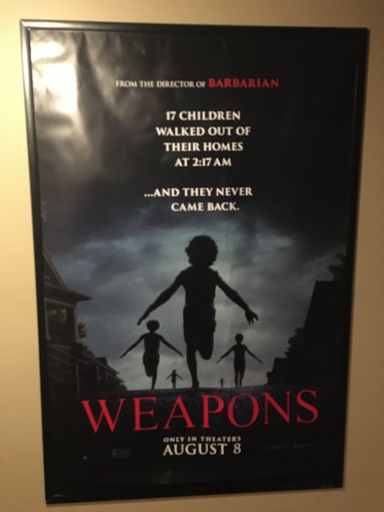 Poster for the movie Weapons. Visual is children in silhouette running. With the title below in red
