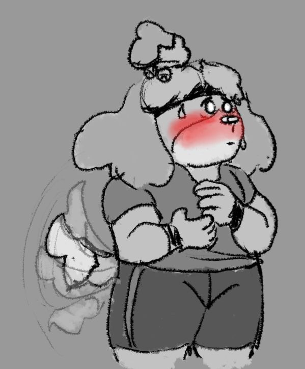 Isabelle from Animal Crossing wearing athletic clothes. She is blushing and sweating while cluching her chest and her tail is wagging like crazy. She looks SHOCKED.