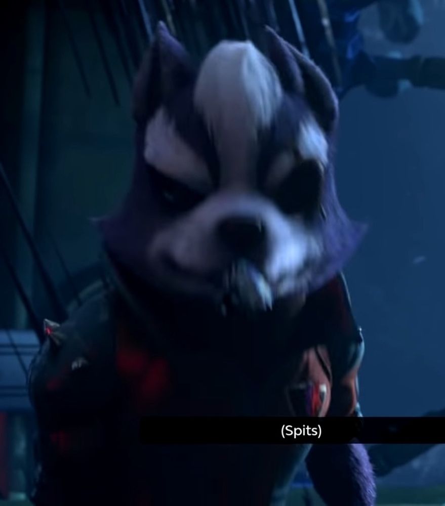 Screenshot of Wolf O'Donnell from a cutscene in Starlink: Battle for Atlas. It's him spitting out food from his mouth and he looks stupid <3