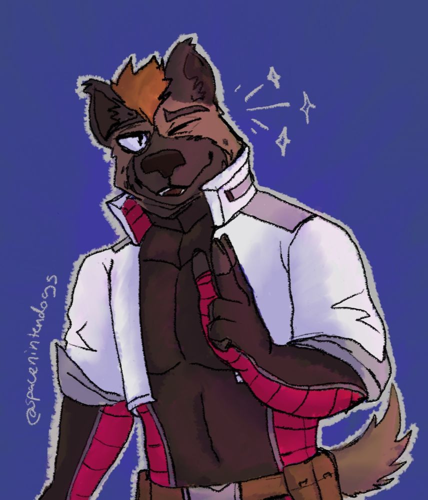 A colored & shaded drawing of @slapmaa's anthro hyena oc. He is winking with little doodled stars coming out of the side where he is winking. He is in a white jacket with a dark flight suit with red accents going down the sides and arms.

Behind him is a gray border to make him *pop* on the color background