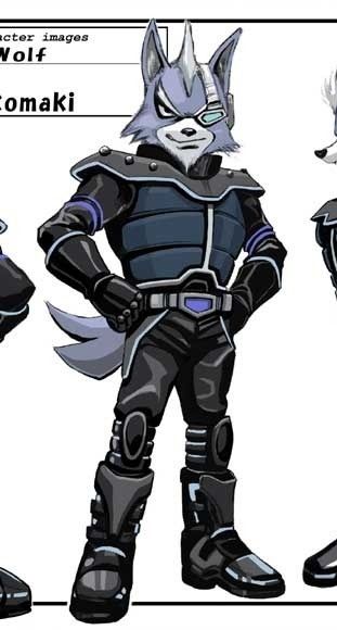Star Fox Assault concept art by Hidetomo Komaki for Wolf O'Donnell. He has his fists on his hips and is looking directly at the viewer with a smirk on his face