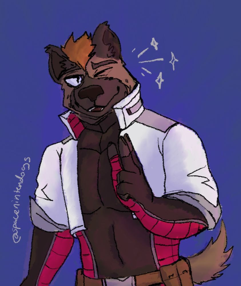 A colored & shaded drawing of @slapmaa's anthro hyena oc. He is winking with little doodled stars coming out of the side where he is winking. He is in a white jacket with a dark flight suit with red accents going down the sides and arms.

This version does not have the gray border