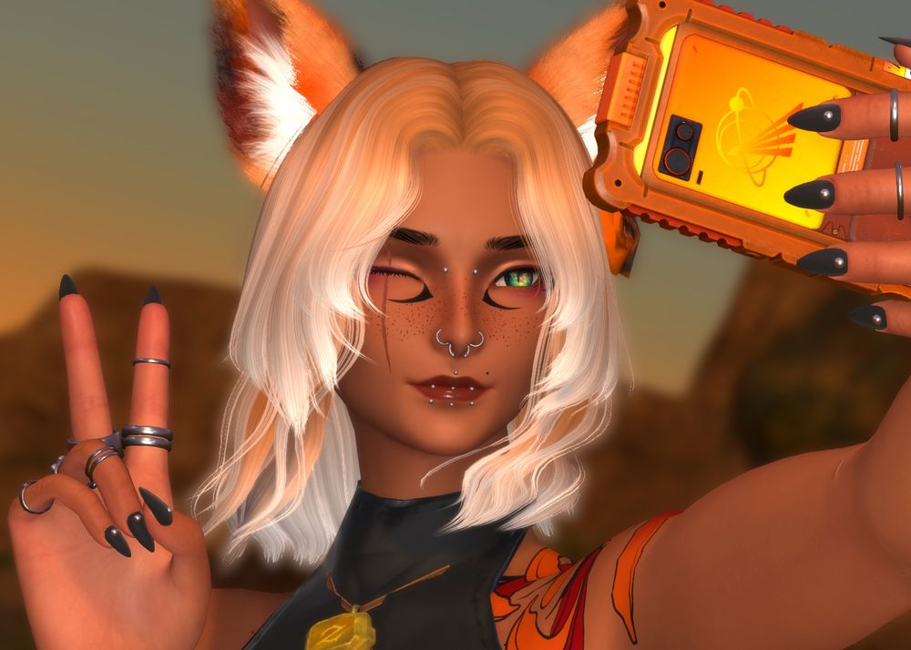 Ekewaka, a hhetsarro with pale orange and white hair. He is holding up a camera and taking a selfie while smiling.