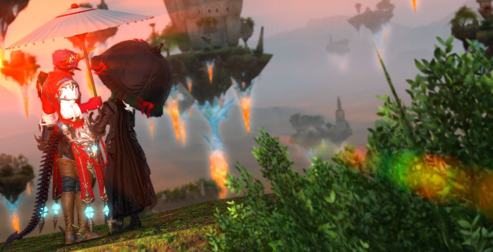 Sycamore and Cynefrid standing near The Long Climb in Outer La Noscea. They are both holding umbrellas as Cyn is a vampire and is sensitive to light. They are spending a quiet moment together.