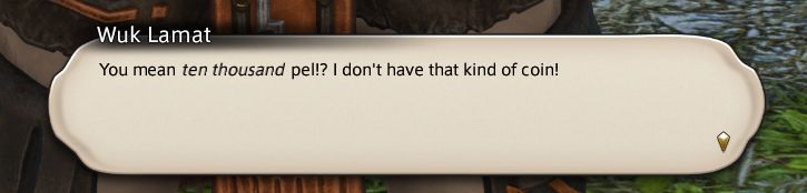 Text box of Wuk Lamat saying: "You mean ten thousand pel!? I don't have that kind of coin!"