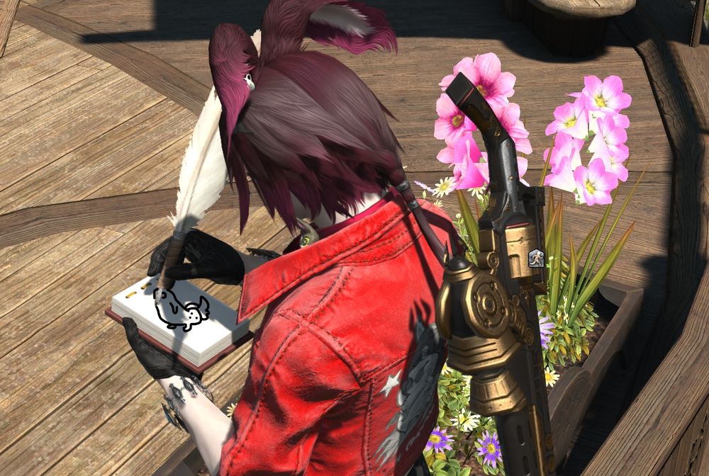 Lillium is drawing in his notepad as we peer over his shoulder. A crudely drawn Dickbutt can be seen