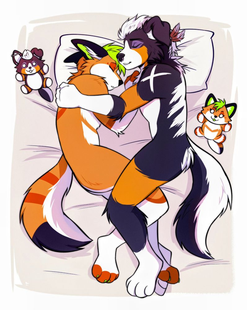 Fox and Collie furry couple characters sleeping peacefully together 