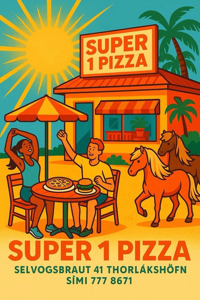 Forljót AI auglýsing fyrir pizzastað. Hresst par með skrítnar hendur sitjandi við borð með hamborgara og pizzu og 2 hestar standa við hlið þeirra af einhverri ástæðu. Fyrirtækið heitir því einkar frumlega nafni “Super 1 Pizza”.