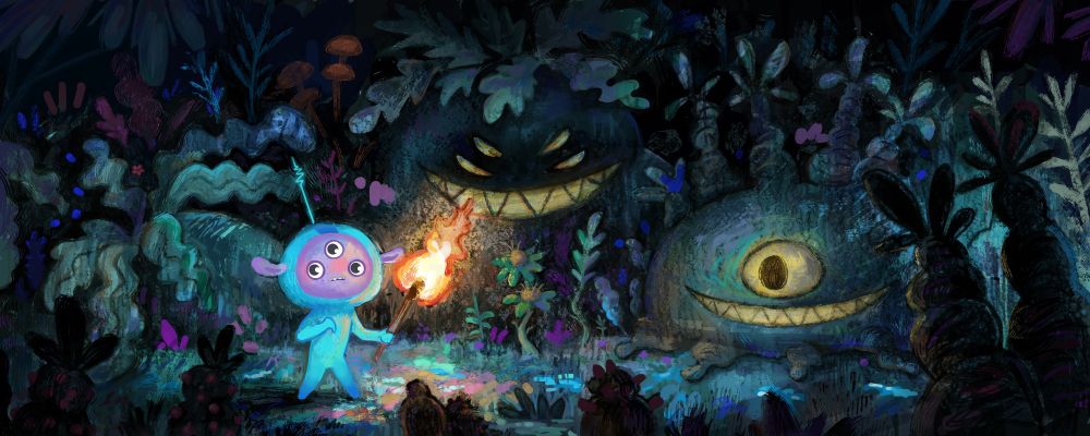 A digital painting of a little alien guy, holding a torch, in a weird forest. 