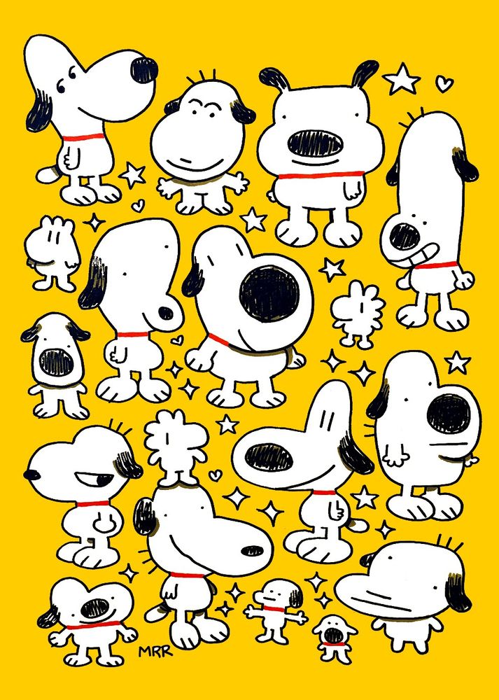 A free hand drawing of snoopy. The line work is a bit wonky! The background of the illustration is yellow. 