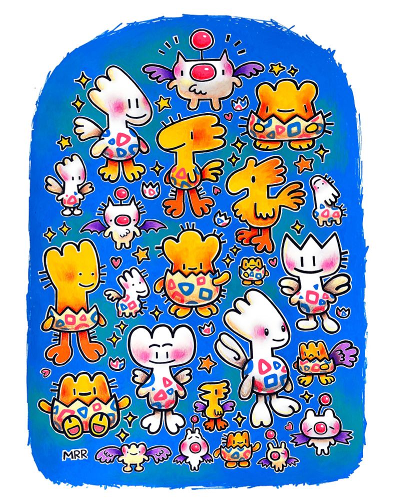 A traditional illustration featuring Togepi, Togetic, Moogles, and a Chocobo! The background is bright blue. 