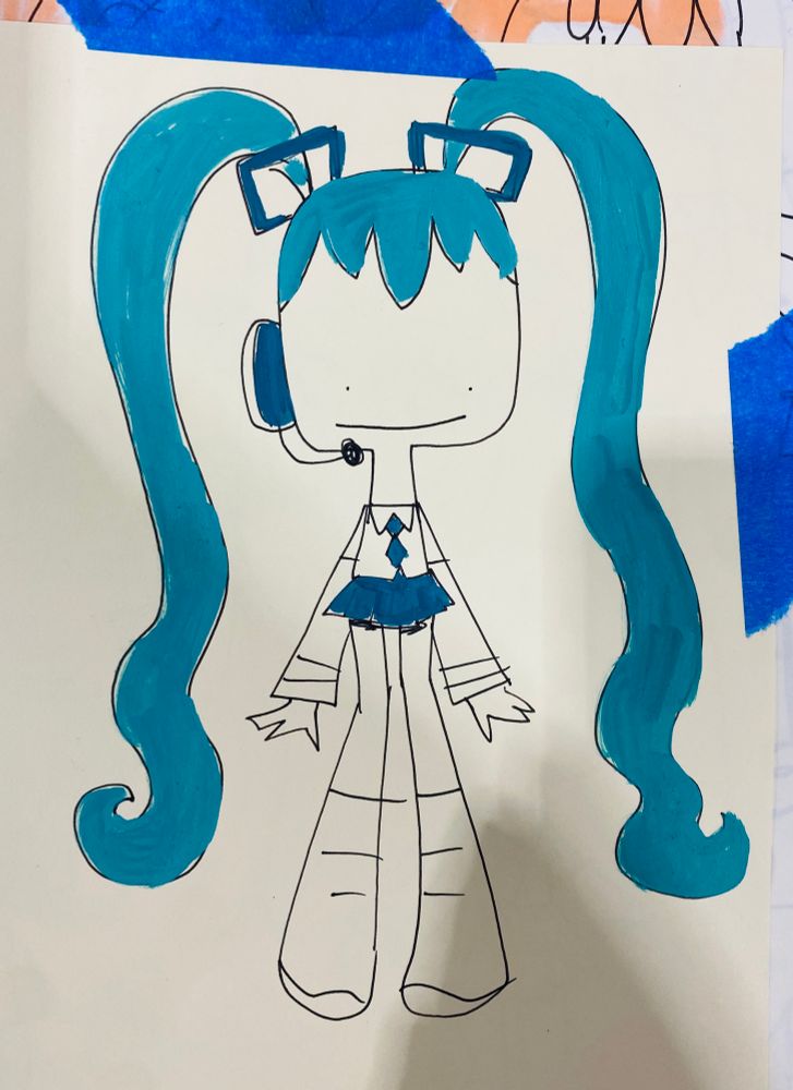 A very bad drawing of hatsune miku! Ink and colored pencil on paper 