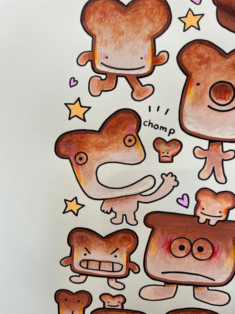 A close up of the illustration, showing a bread man with his mouth wide open, throwing a smaller bread into the air with text that says “chomp” 