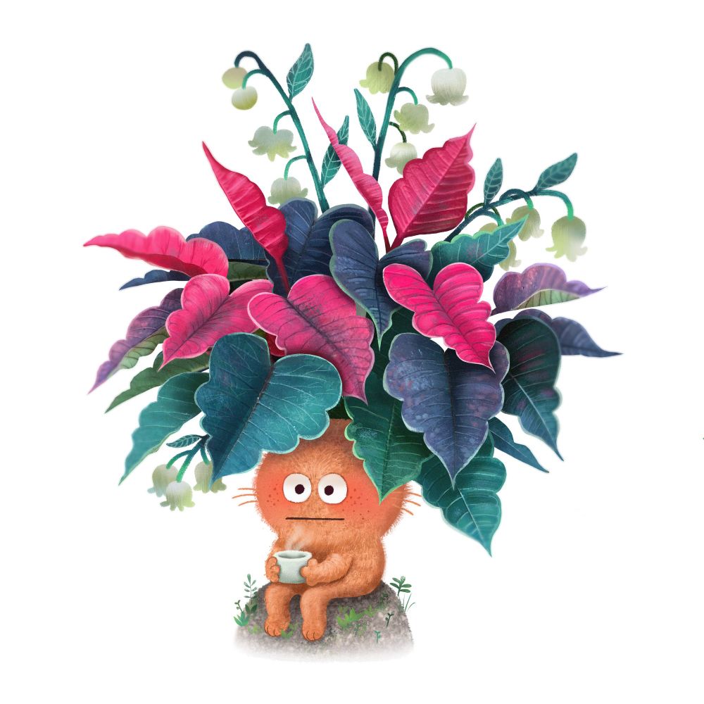 A digital illustration of a creature holding a cup of coffee. The creature has a big bundle of leaves and flowers on his head which clearly reference the poinsettia photo reference.