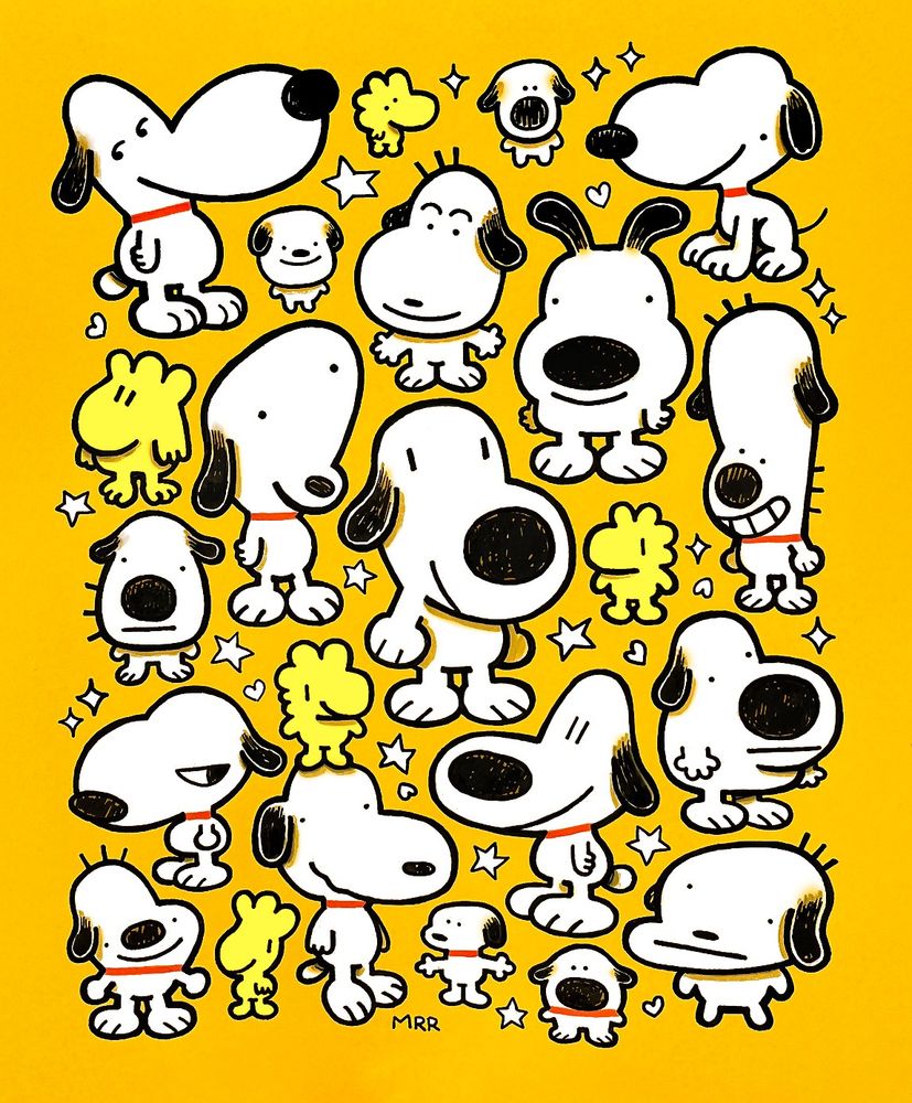 A more clean version of the same Snoopy drawing. The lines are thicker and less wobbly. The background of the illustration is yellow