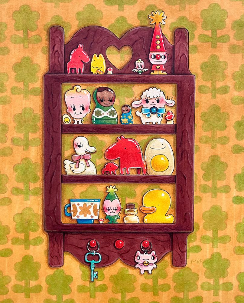 A scan of a traditional illustration of a wooden shelf with little toys sitting on it