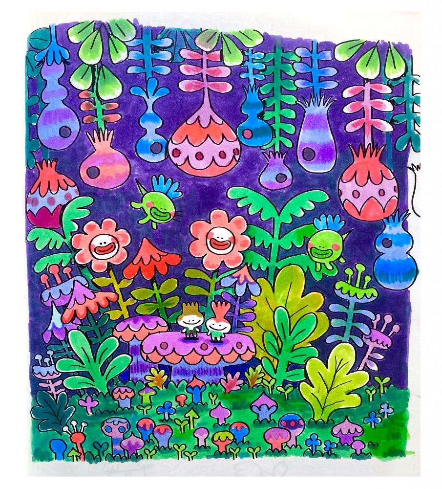 A scan of a sketchbook page that has a drawing on it. The drawing depicts Branch and Poppy from Trolls in a big forest full of mushrooms and plants 