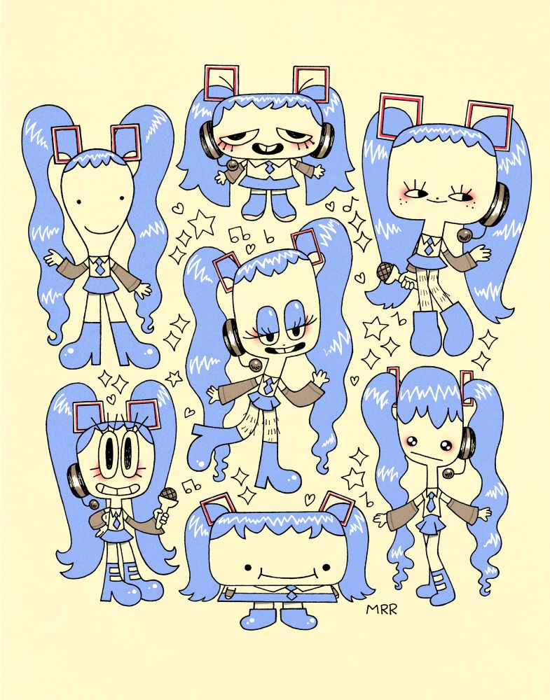 An illustration of 7 Mikus on a yellowish background 
