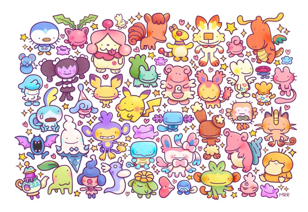 A digital illustration of various Pokemon on a white background. The drawing focuses on thick lines and flat colors.