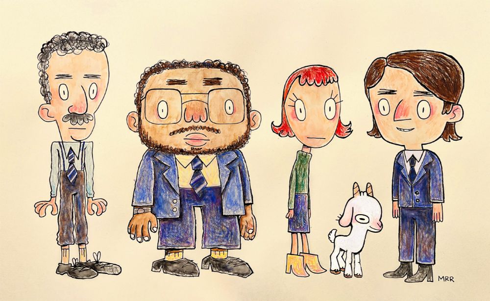 A drawing of Irving, Dylan, Helly, and Mark from Severance standing next to each other. There's also a baby goat standing with them!! 