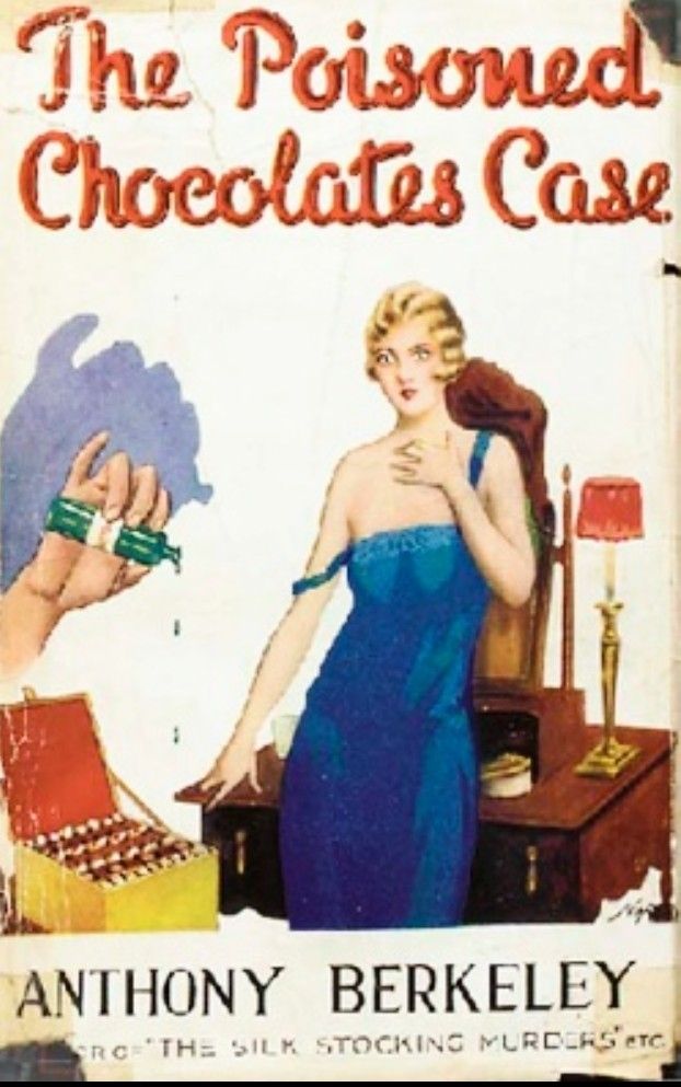 A 1929 book cover with a woman in a blue nightgown, a dripping bottle of poison and a box of chocolates.