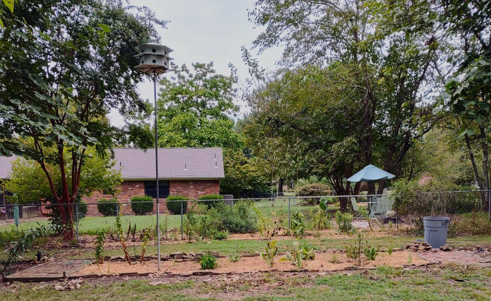 Two flower beds with mulch on the soil run horizontally across our back yard. Brick house and table umbrella in the background.