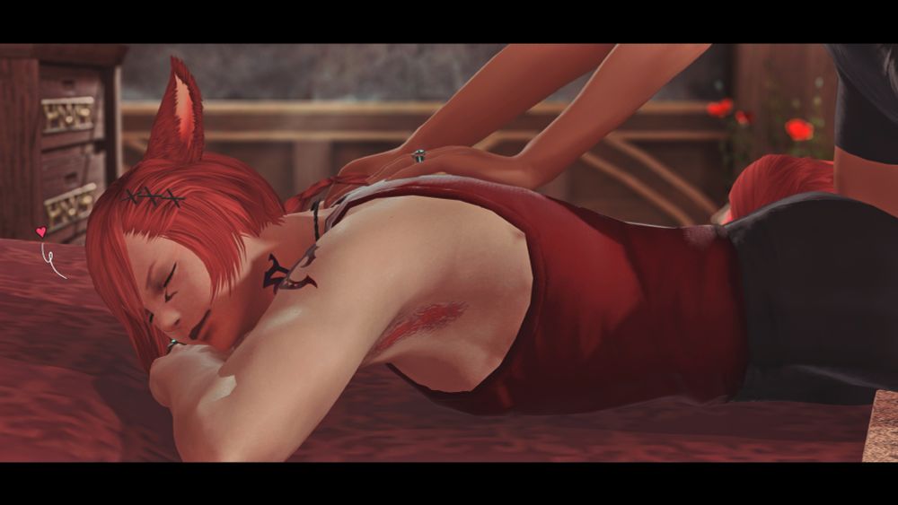 Another angle of G'raha lying on the bed, his head resting on folded arms with a content look on his face as the hands appear to be massaging him. 