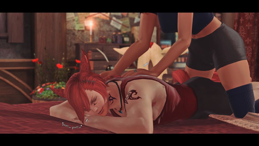 Another angle of the pair on the bed, G'raha looking blissful as Mara, whose head is just out of frame, continues to work out the knots in his shoulders. He is purring quietly, and his tail is wrapped around her leg.