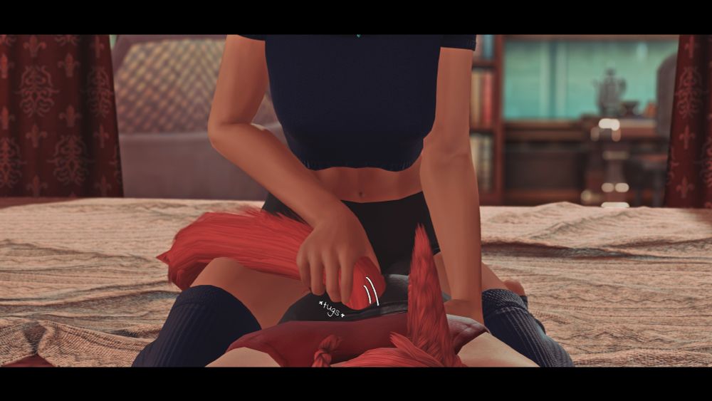 Fingers wrap around his tail, teasingly squeezing him before she tugs at it. 