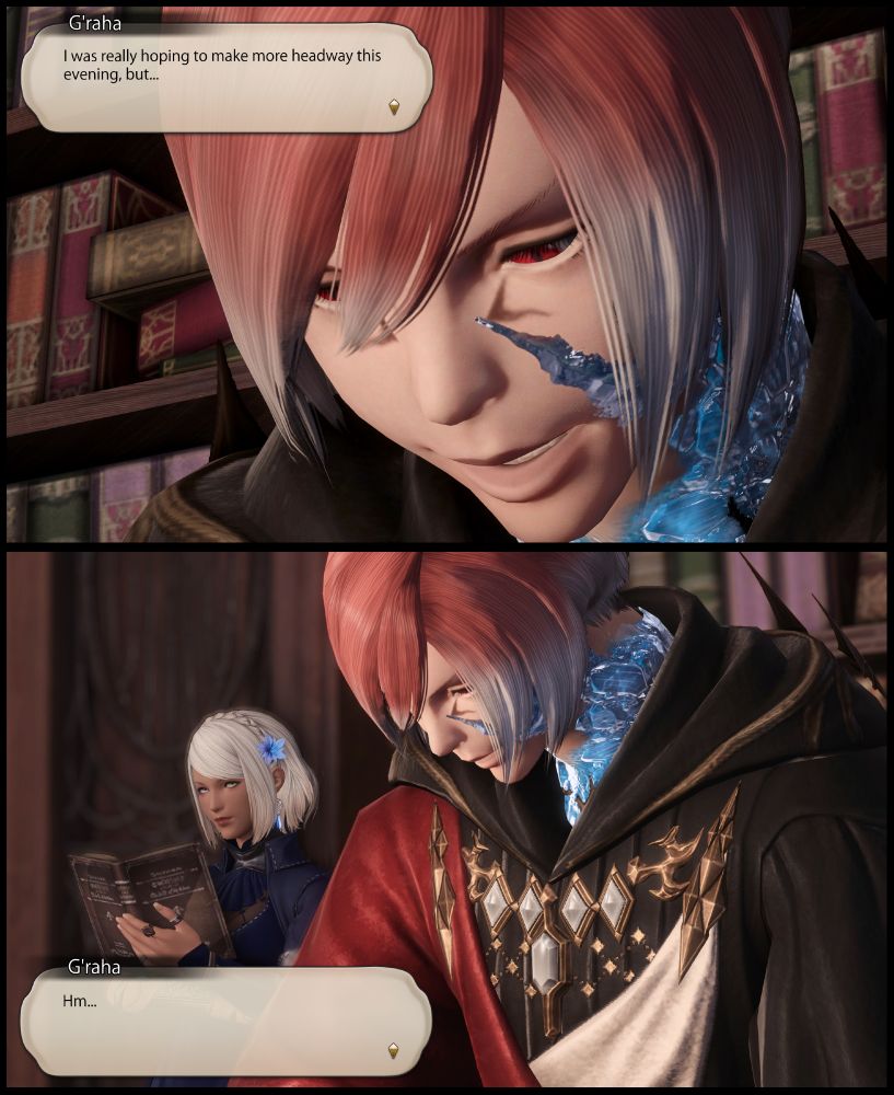 "I was really hoping to make more headway this evening, but..." his eyes are focused on tome before him. 

From behind, Mara's attention appears to be on the Exarch he hums to himself, rather than the book in her hands. 