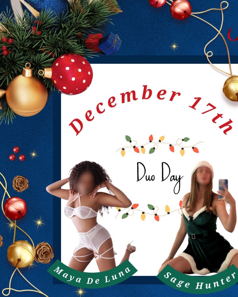 A white and blue Christmas themed graphic with gold and red decorations with a photo of Maya and Sage. 