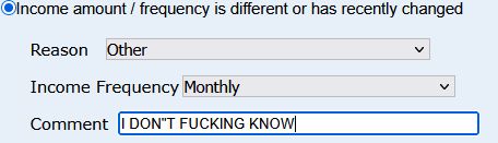 Screenshot of an online form with "I DON"T FUCKING KNOW" written in the comment box for why a source of income has changed.